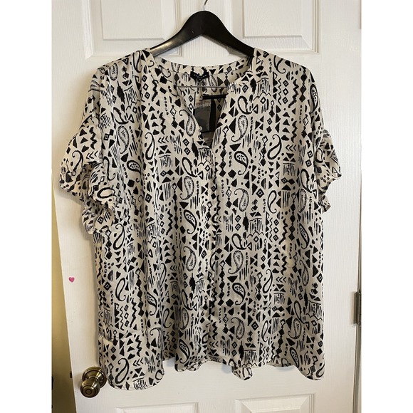 Pleione Tops - Pleione Women's Flutter Sleeve V-Neck Pullover Sheer Top Black White Size 3XL